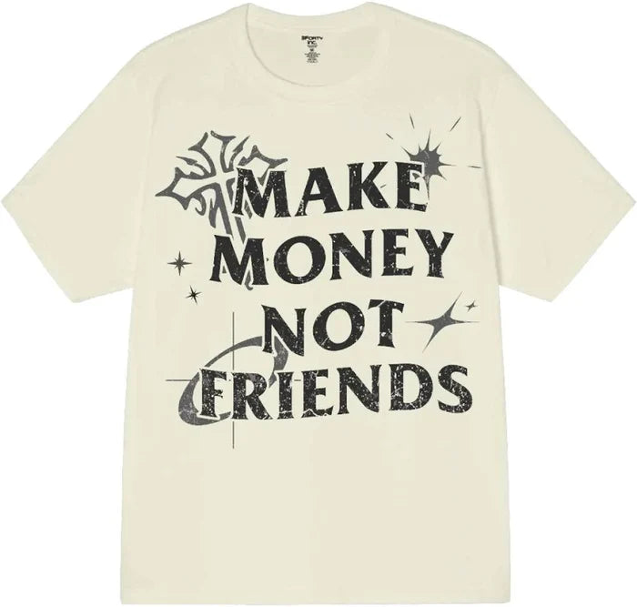 Beige 3Forty Inc. 'Make Money Not Friends' T-shirt with bold black text, casual fit, and round neckline.