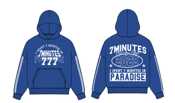 Vintage royal 7 Minutes Paradise boxy pullover hoodie, soft fabric, relaxed fit, front pocket, casual style.