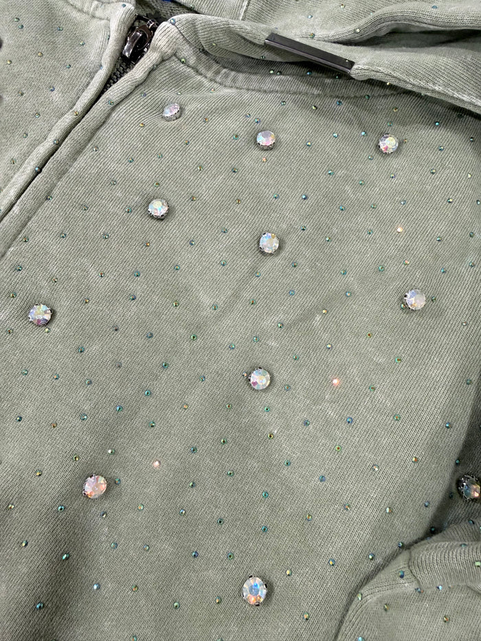 Rebel Denim Diamond fleece hoodie in sage color, showcasing a cozy, stylish hooded sweatshirt with diamond design details.