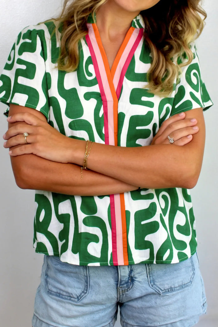 Abstract Print Striped Trim V Neck Short Sleeve Blouse – Green
