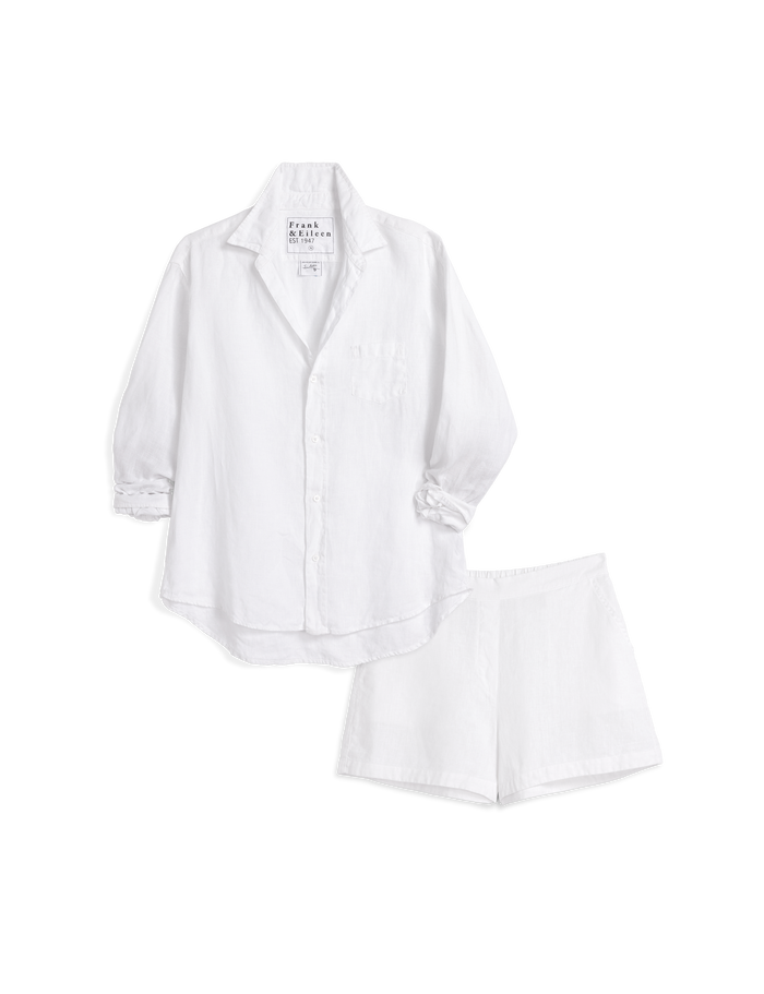 White button-up with shorts on a white background
