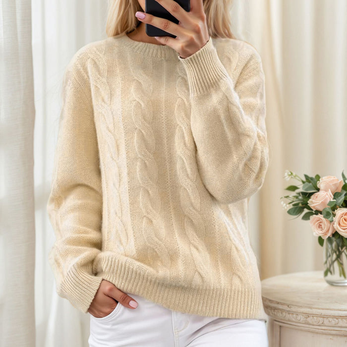 Beige crochet sweater for women with a regular fit, long sleeves, crew-neck, and textured jacquard knit for polished outfits.