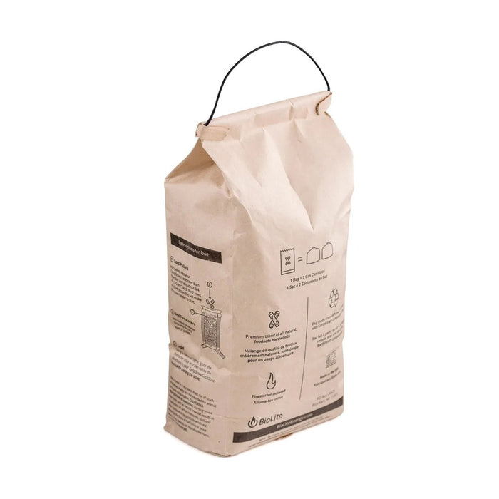 Studio shot on a white background of the reverse of the packaging for Biolite premium BioFuel hardwood pellets