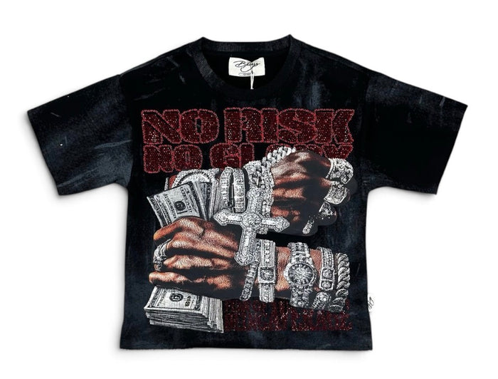 BKYS KIDS 'No Risk' F-Terry Cropped Rhinestone T-Shirt in Black
