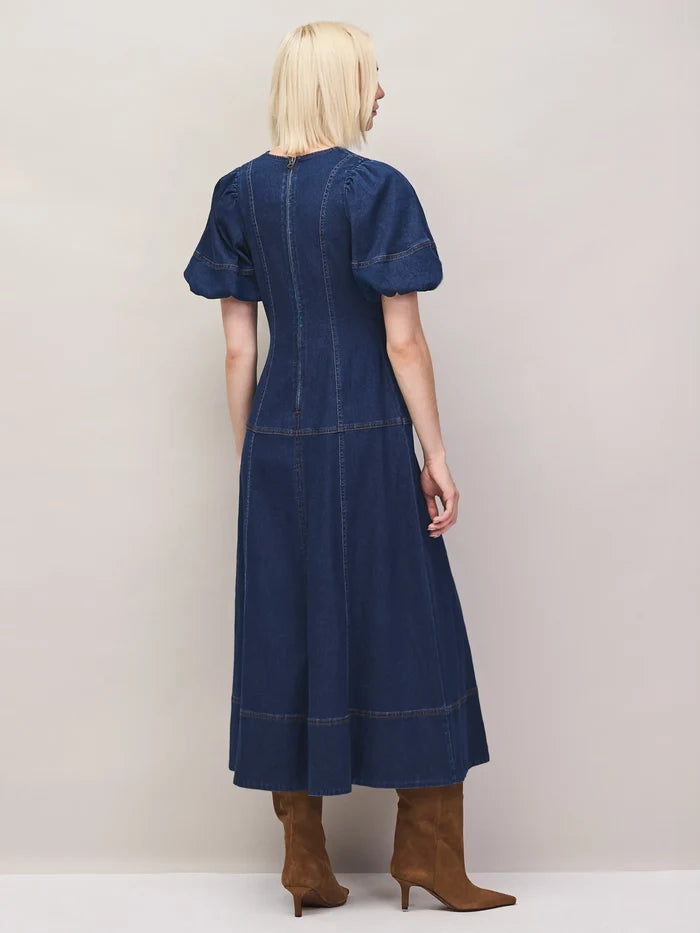Blue Denim Puff Sleeve Midi Dress
