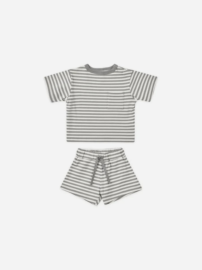 Boxy Pocket Tee + Short Set || Lagoon Stripe