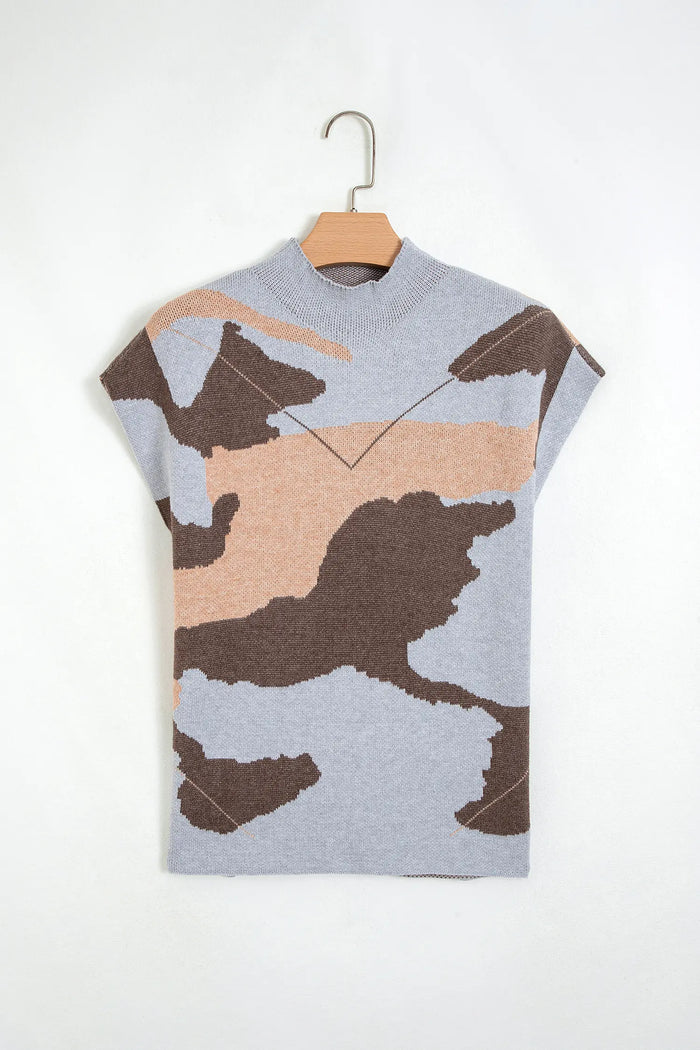 Camouflage Pattern Drop Shoulder High Neck Short Sleeve Shift Sweater – Gray