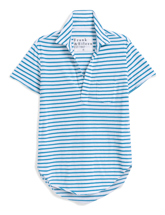 Blue and white striped shirt with a brand label on a black background
