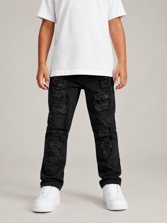 Black Copper Rivet Kids denim jeans with distressed rip and repair details, designed for kids' casual wear.