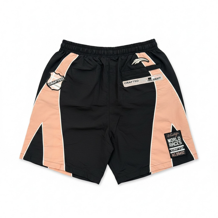 Black Crafted nylon shorts with a sleek design, featuring an adjustable waistband and lightweight fabric for casual wear.