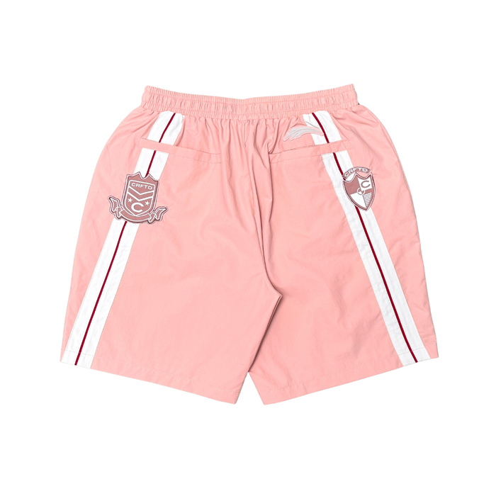 Pink Crafted nylon shorts with a relaxed fit, featuring an elastic waistband and lightweight fabric for casual wear.