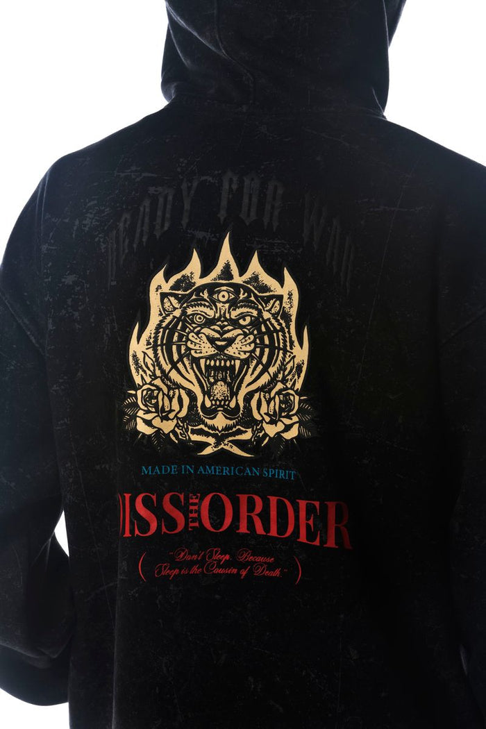 Black DISSORDER Ready For War zip-up hoodie with front pockets and bold graphic print on the chest.