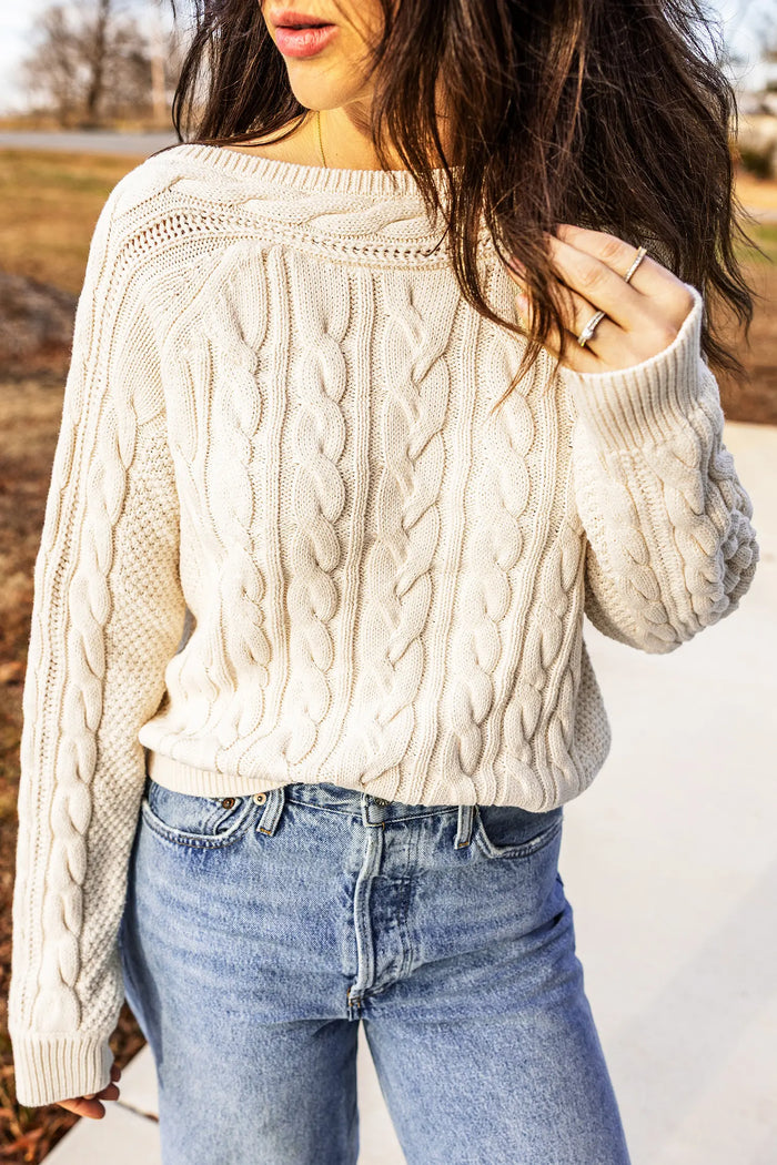 Drop Shoulder Round Neck Cable Knit Sweater – Beige