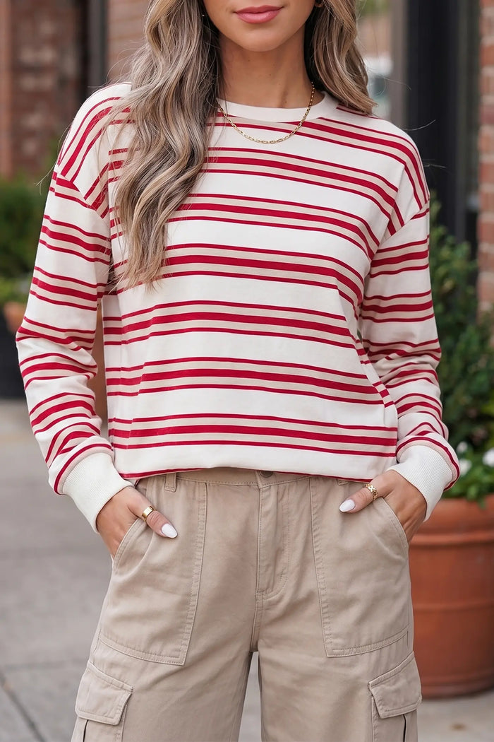 Dropped Shoulder Long Sleeve Casual Pullover Top – Red Stripe