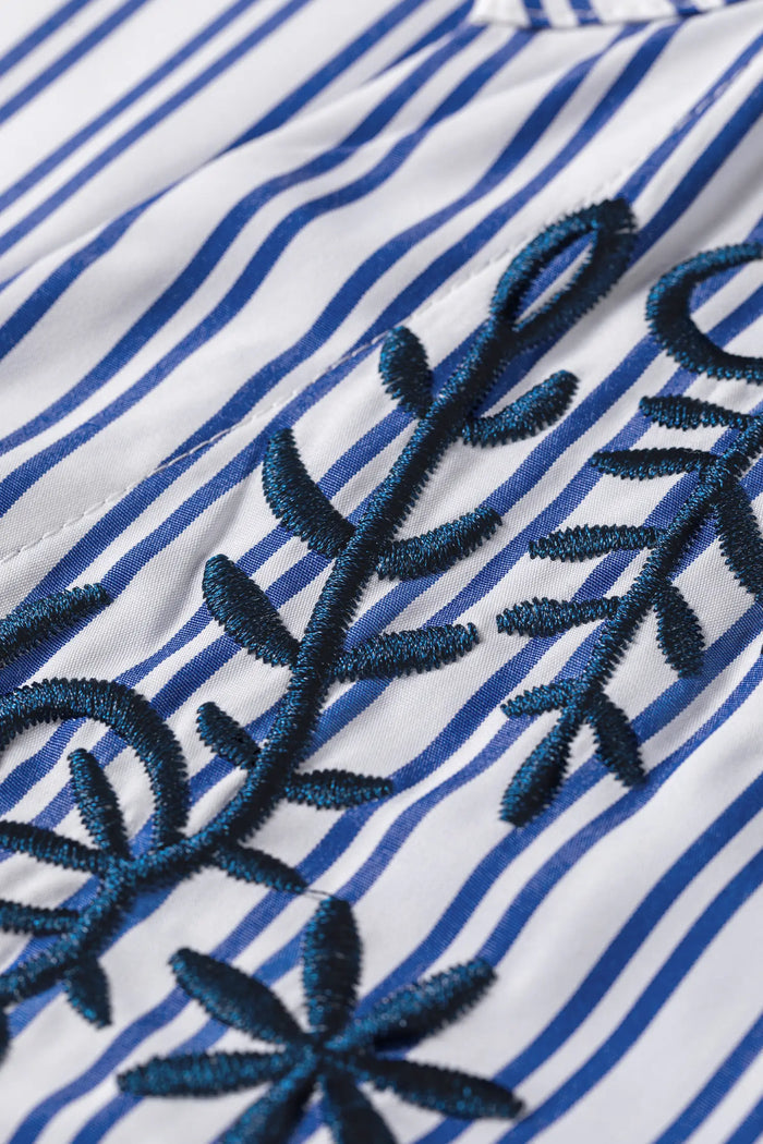 Embroidered Detail Button Front Long Sleeve Shirt – Blue Stripe