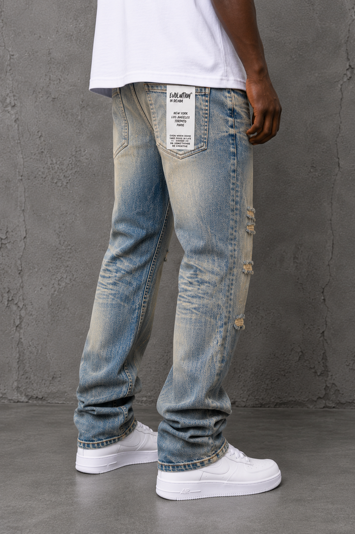 Light wash Evolution Relaxed Straight denim jeans, visible front view with pockets and stitching, casual style for men.