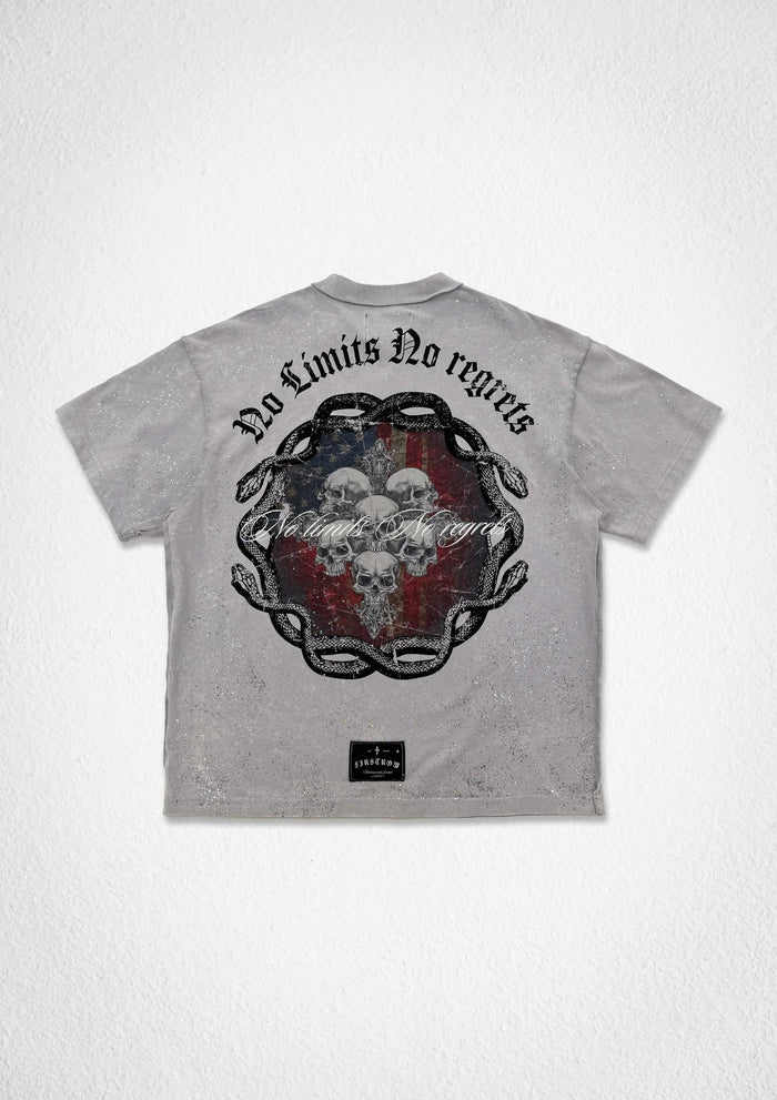 First Row Shadow Worship Grave HYMN T-Shirt in light grey, casual tee with printed graphic design on front.