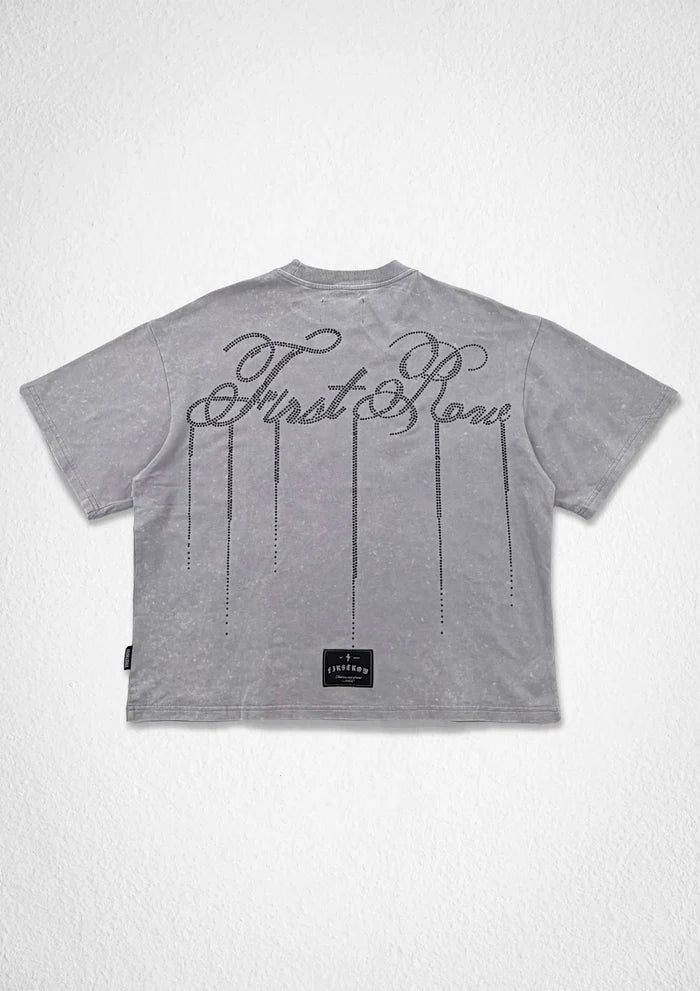 First Row Shadow Worship silver Requiem crop T-shirt in light grey, casual fit, with graphic design on front.