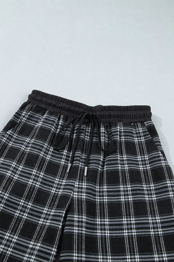 Frenchy Plaid Pattern Contrast Drawstring Waist Wide Leg Pants – Black