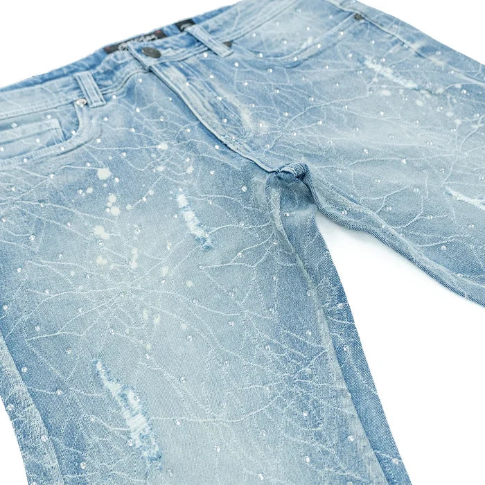 Frost Originals Amoto light wash rhinestone stacked denim jeans, stylish denim pants with rhinestone details and modern fit.
