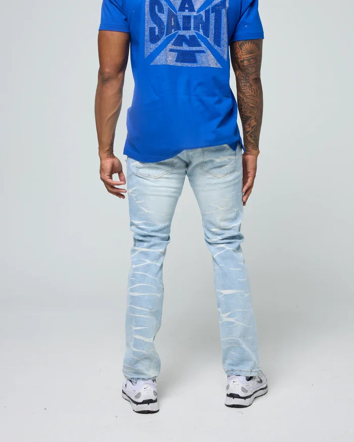 FWRD Crystal denim jeans in ice blue and royal colorway, showcasing a stylish fit and classic denim texture.