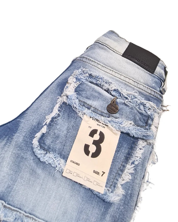 FWRD Kids stacked denim cargo pants in ice blue, stylish denim with a layered look, shown on a child model.