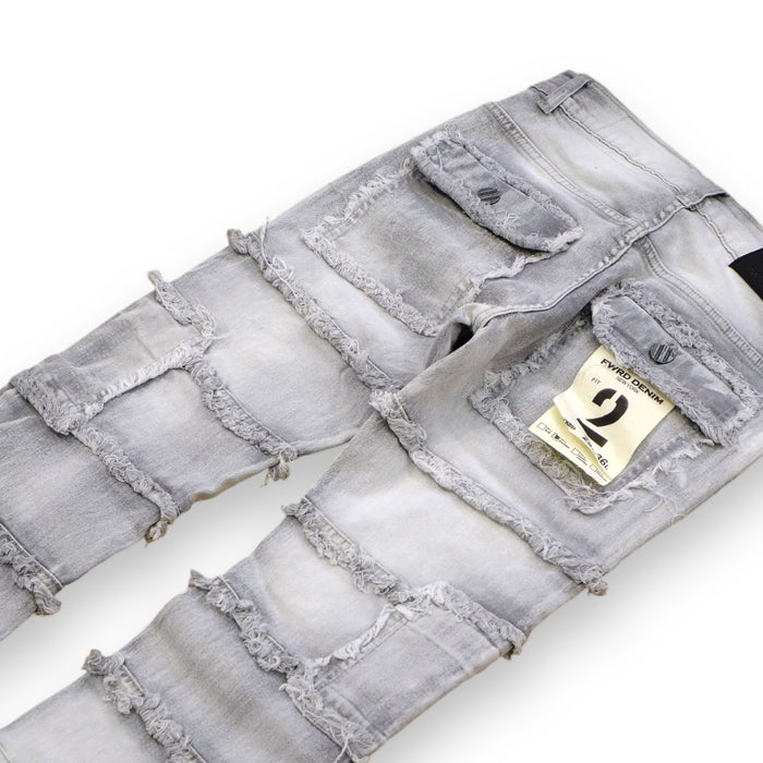 FWRD Patchwork True Stacked Denim jeans in grey with layered, distressed denim design and patchwork details.