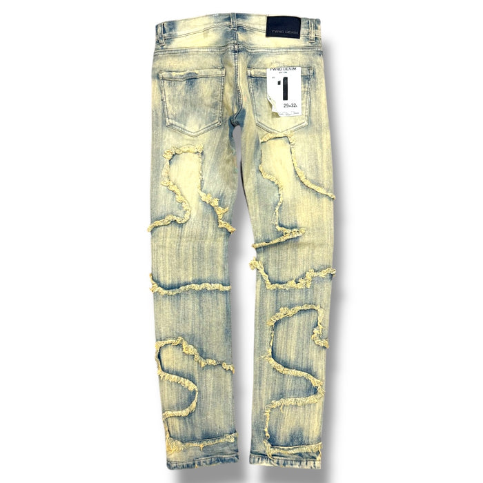 FWRD Slim Wavy Denim in Ice Tint, showcasing modern-fit blue jeans with a wavy texture and trendy light blue color.