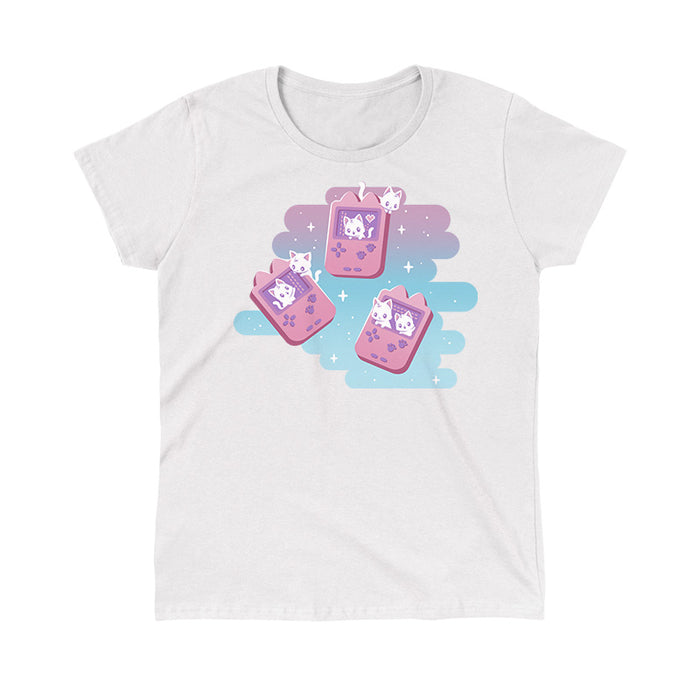 Classic Cotton T-shirt_TeeTurtle white Gaming Kitties apparel featuring white kittens inside a set of pink classic handheld video gaming consoles.