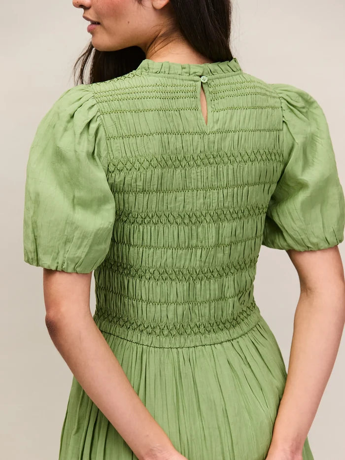 Green cotton summer dress with elasticated shirred bodice