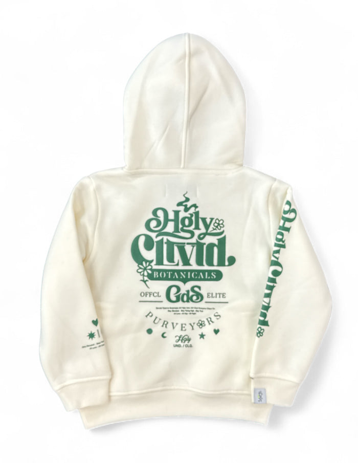 Highly Undrtd Kids botanical hoodie in ivory and green, featuring a comfortable kids' hoodie with a nature-inspired design.