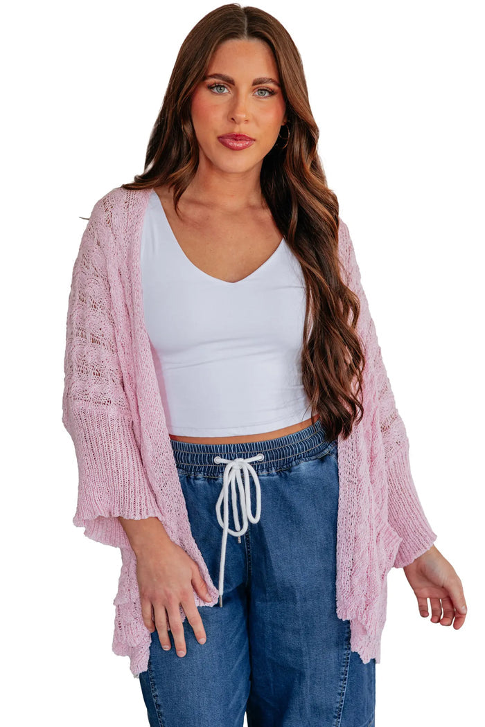 Hollowed Pattern Knit Drop Shoulder Open Sweater Cardigan – Pink