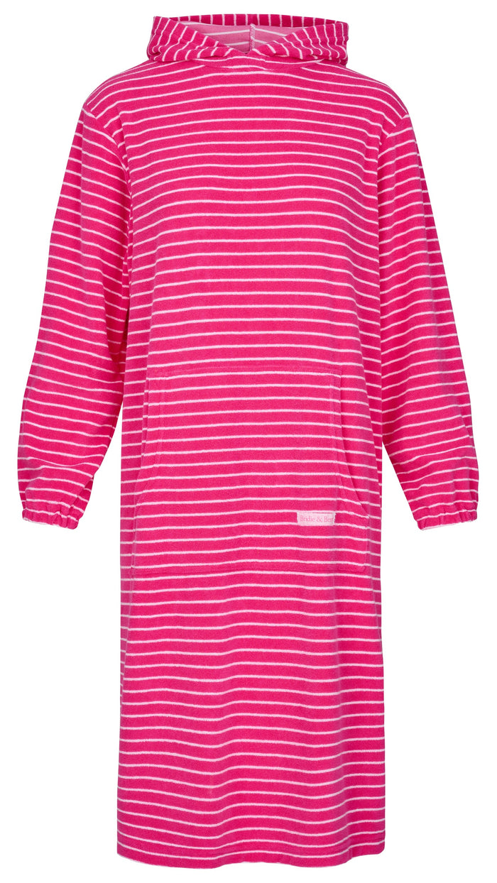 Jamie Striped Towelling Hooded Robe | Fuchsia & White