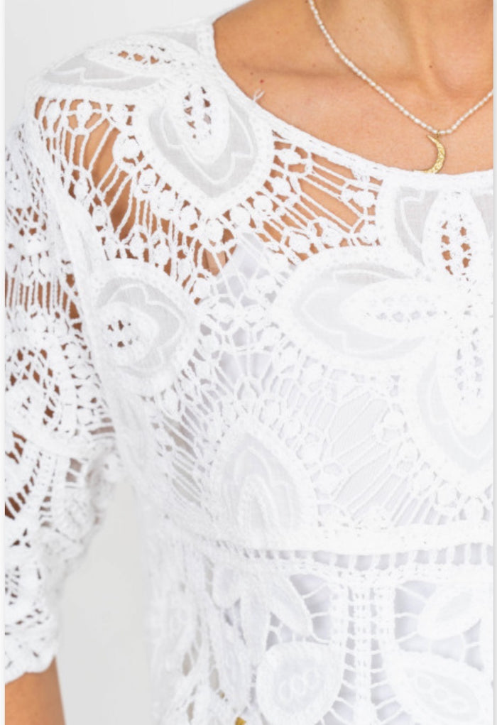 White lace top with a close-up view of the intricate design.