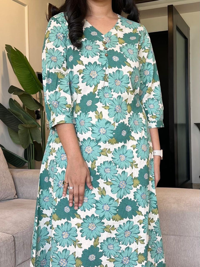 Kali Printed Cotton Set- Green Florals