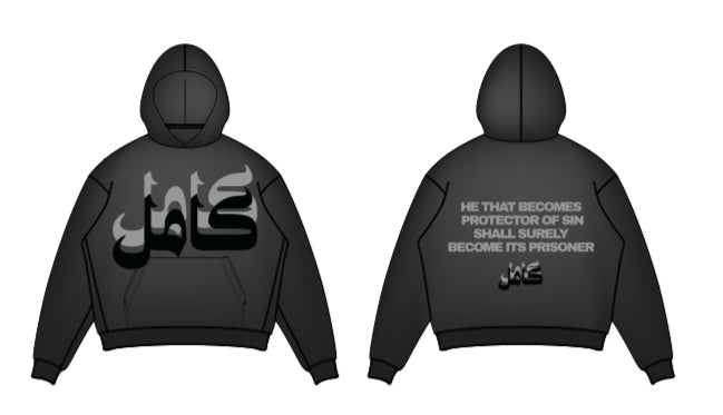 KML SCRIPT boxy pullover hoodie in vintage black, featuring a relaxed fit and stylish design, on a plain background.