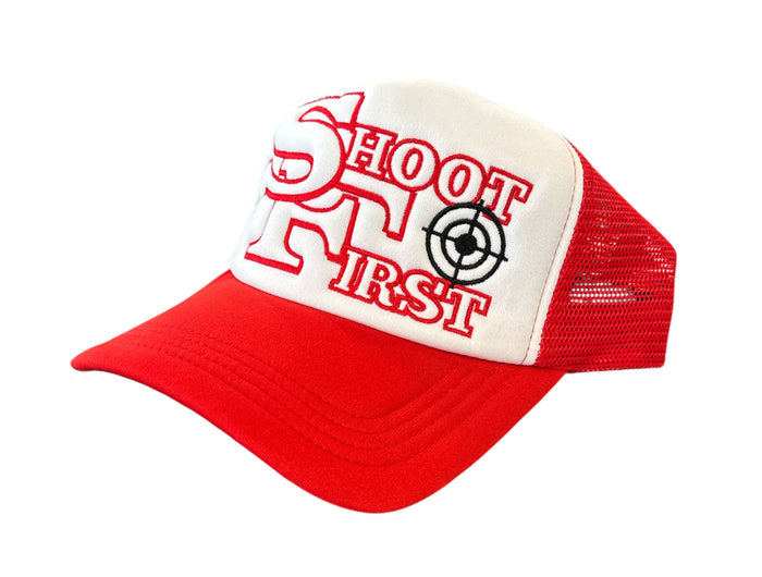 KML SF Trucker Hat by KAAMIL in white and red with mesh back and structured front panel.