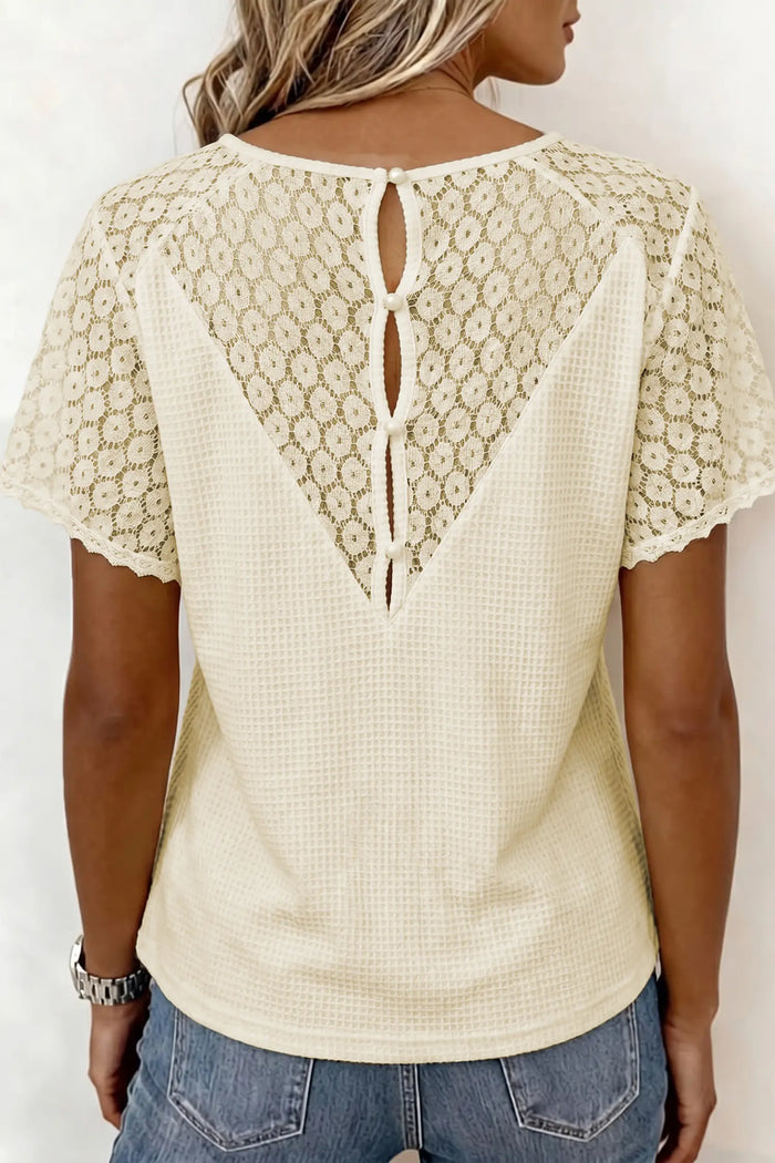 Lace Splicing Button Cutout V Neck Waffle Knit Blouse – Beige