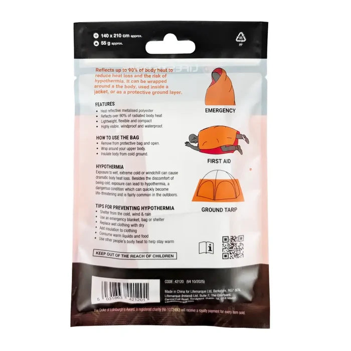 Packaging rear view for a Lifesystems reflective emergency shelter blanket, showing printed instructions, features, and illustrations of orange emergency shelters on a white background