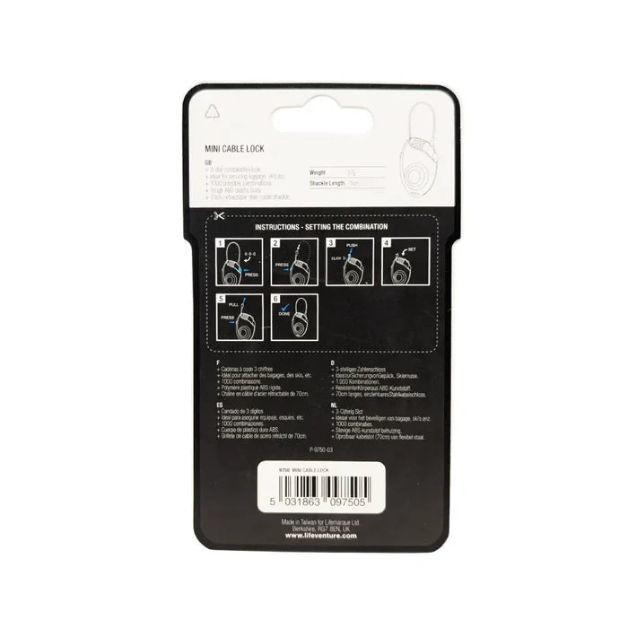 Lifeventure 3 Dial Combination Mini Cable Lock rear packaging detail on a white background