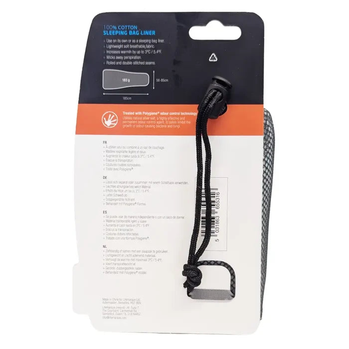Lifeventure Cotton Sleeping Bag Liner Mummy packaging rear on a white background