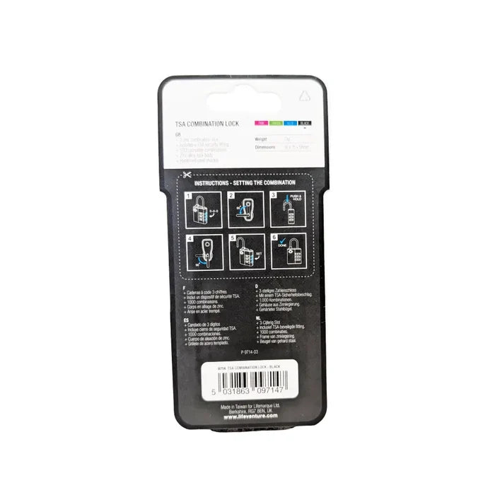 Lifeventure TSA 3 Dial Combination Padlock in black reverse packaging detail on a white background