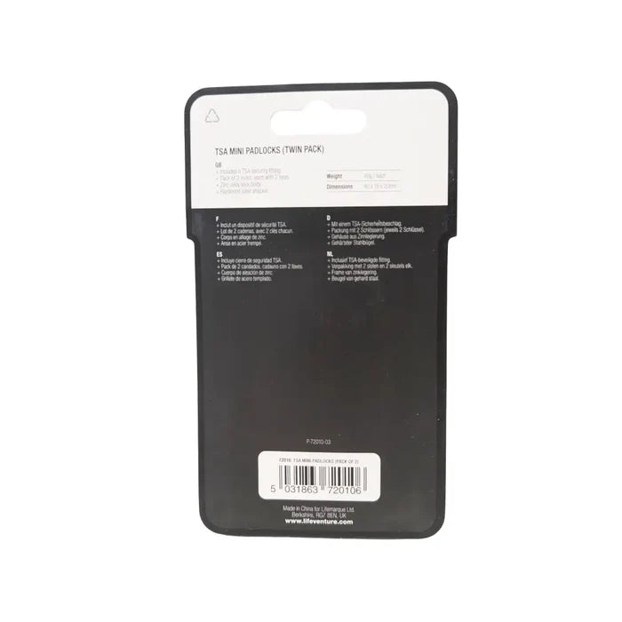 Lifeventure TSA Mini Padlocks packaging reverse information on a white background