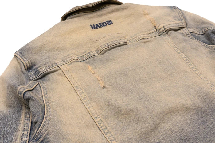 Makobi Kids Bergamo denim jacket for kids in dirt wash with classic collar and button closure, casual style.