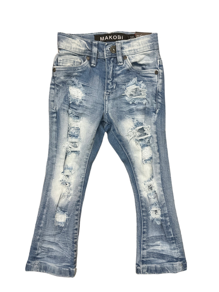 Makobi Kids Montego Jeans stack denim for kids, featuring stylish, comfortable denim with a classic blue wash and adjustable waist.