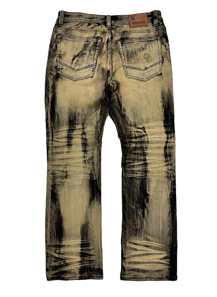 Makobi Sergio straight cut fit denim in brown wash, showing front view with classic five-pocket design and secure button closure.