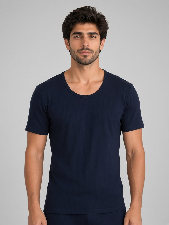Men's Navy Blue Premium Poly Wool Thermal Half Sleeve Shirt (8/1) - Hinz Clothing