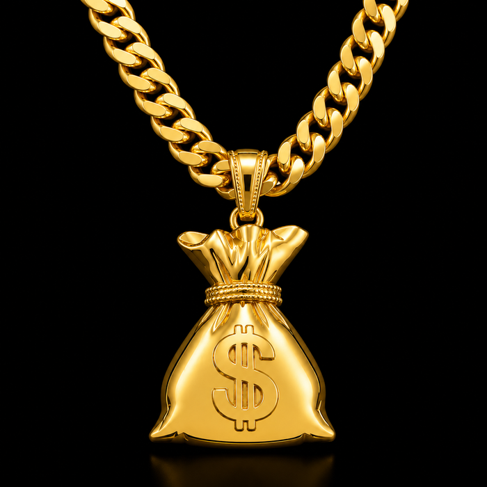 Mint 18K gold plated fashion money bag chain accessory with charm, featuring detailed design and elegant gold finish.