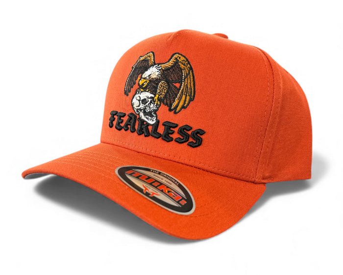 Bright orange MUKA Fearless Eagle snapback hat, stylish accessories with a bold eagle design on the front.
