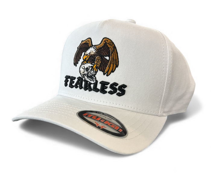 White MUKA Fearless Eagle snapback hat with embroidered eagle design, adjustable strap, and flat brim.